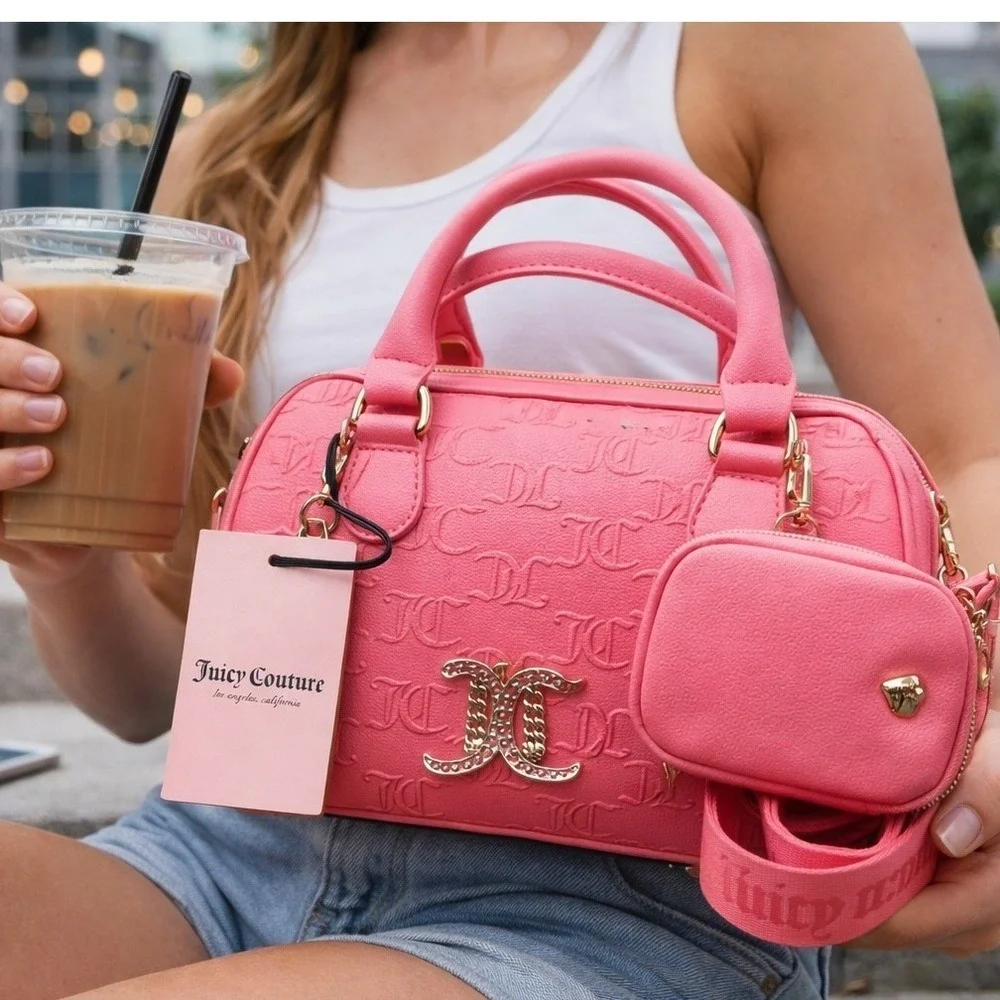 Juicy Couture All About That Bling Satchel Pink Lemonade Monogram Bag New